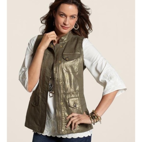Chico's Foiled Linen Gold Vest Jacket - Picture 1 of 4